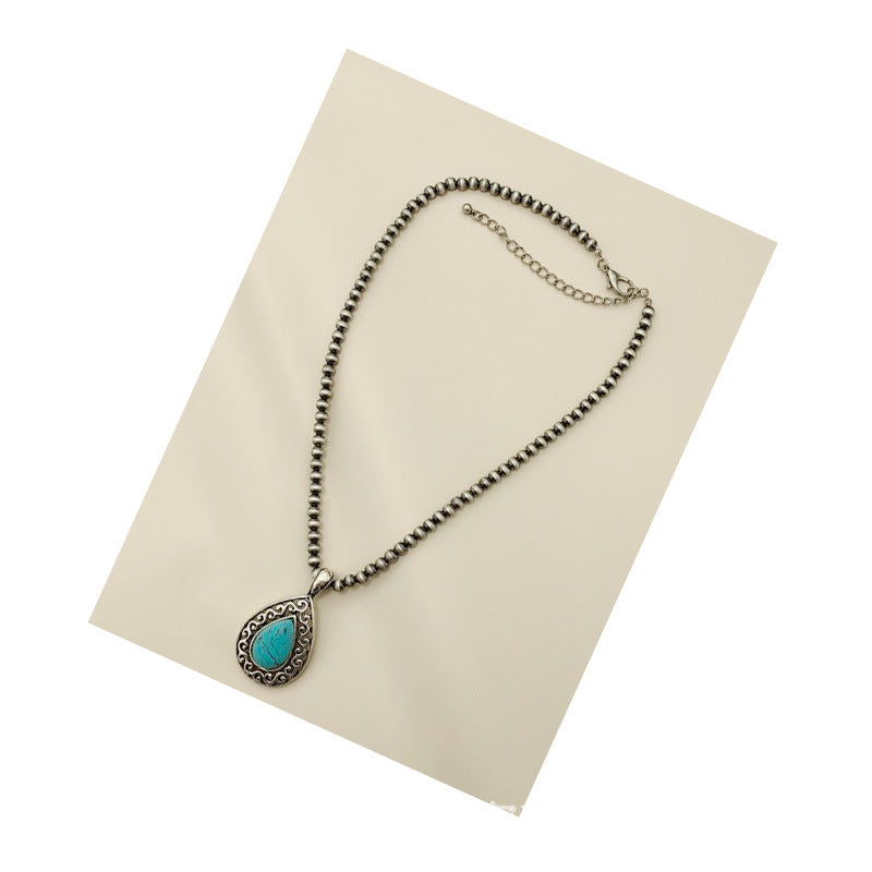 Trendy Boho Style Turquoise Water Drop Pendant Alloy Necklace
