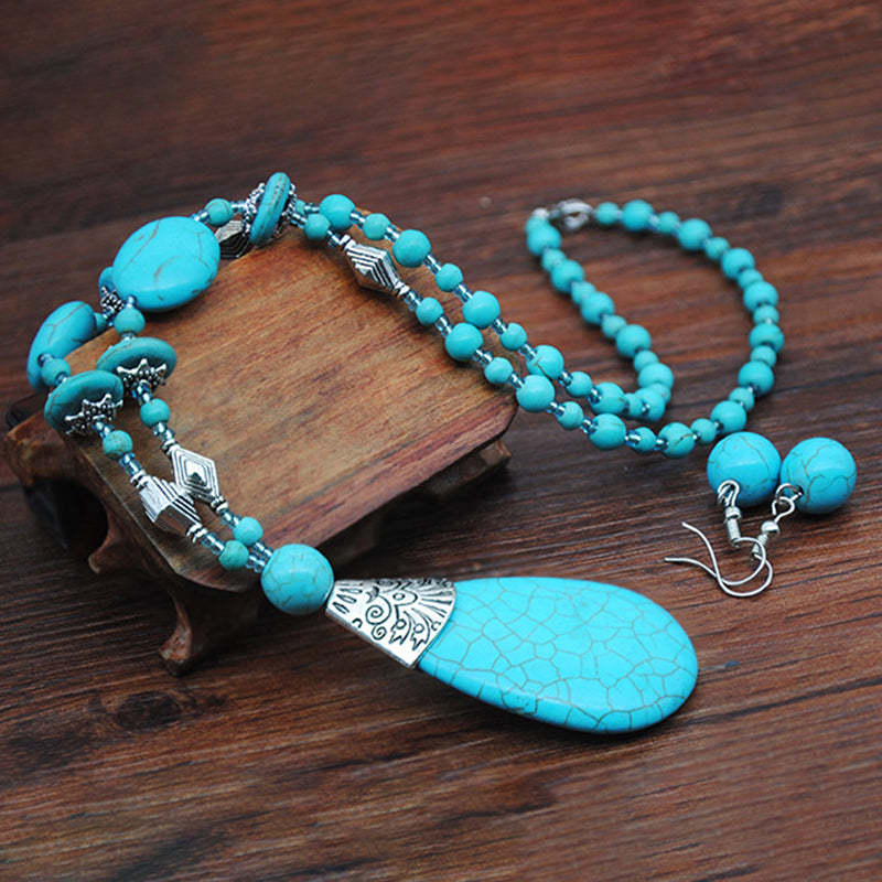 Retro Turquoise Necklace Earring Ring Set