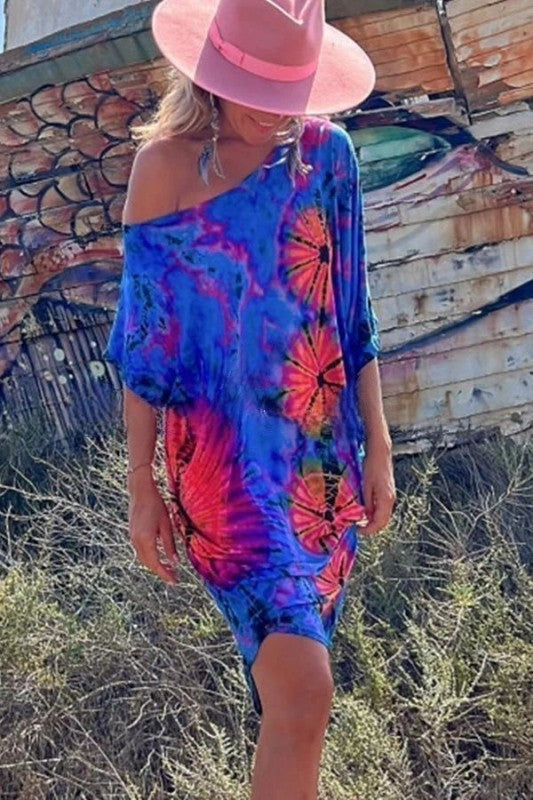 Tie-dye-print stretch oversized mini dress