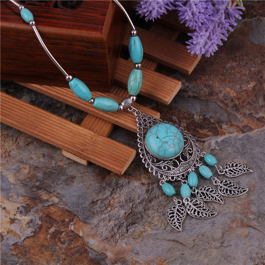 Women's Turquoise Leaf Fringe Necklace