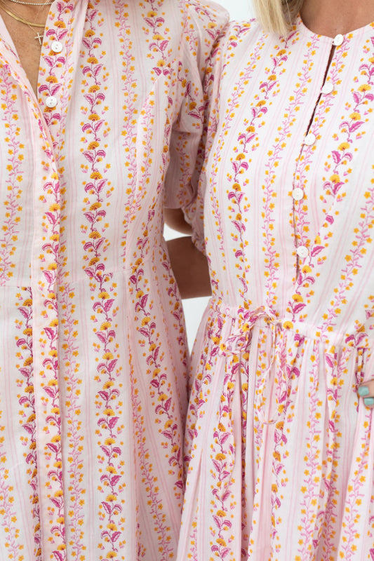 Pink Short Puff Sleeve Floral Shirt Dress